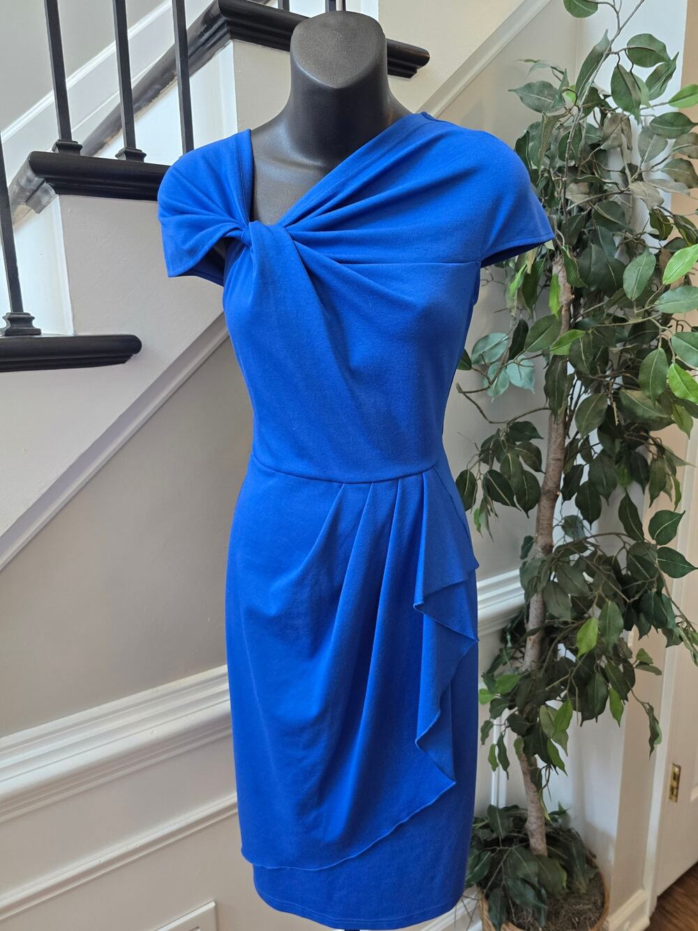 Vfshow Sheath Dress Womens Small Royal Blue Twist Knot Waist Pleated Back Zipper